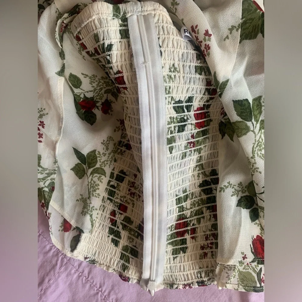 Reformation Cream Floral Puff-Sleeve Blouse with Red & Green Roses